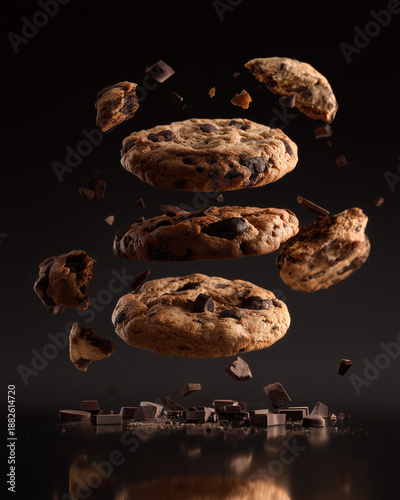 an ultra-realistic photograph of chocolate chip cookies levitating in the air