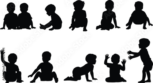 Baby silhouettes collection sitting crawling playing poses toddlers children isolated white background vector illustration childhood growth development concept