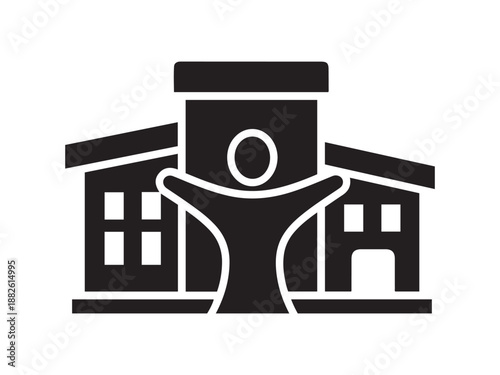 Community service center and social welfare building icon with helping person figure for charity concepts