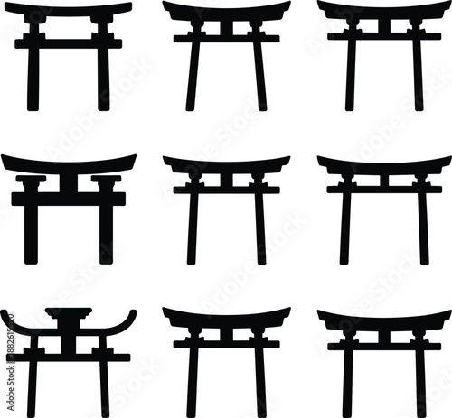 Japanese torii gate silhouettes collection, traditional shrine entrance designs, Asian cultural symbol vector set isolated on white background