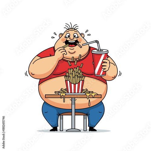 Obese Man Sitting at Table Eating Fast Food and Drinking Soda