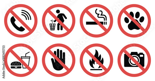 Prohibited Warning Icon Collection, Featuring No Mobile Phones, Littering, Smoking, Pets, Food and Drinks, Touching, Fire Use, and Photography in Restricted Areas.