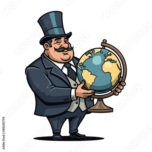 Wealthy Banker Character Holding a Globe Map