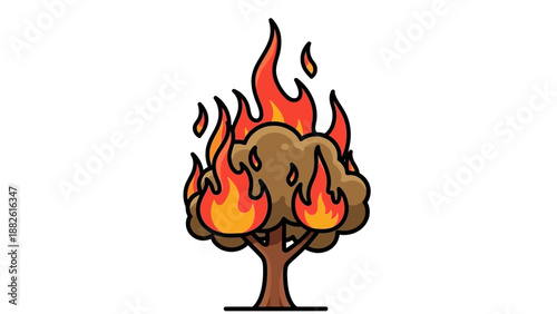 Burning tree with flames engulfing its foliage and trunk.