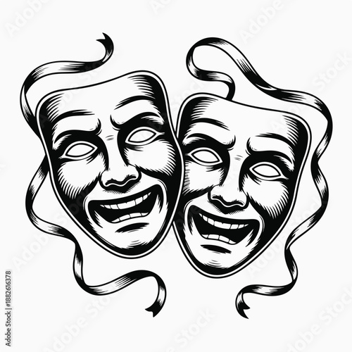 “Classic Comedy & Tragedy Theater Masks – Vintage Engraving Illustration”