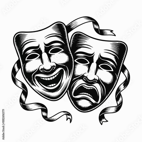 “Classic Comedy & Tragedy Theater Masks – Vintage Engraving Illustration”