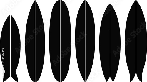 Surfboard silhouette set, black icons, surf gear, tail shapes, board types, minimalist design, surfing equipment, ocean sport, beach lifestyle, water adventure