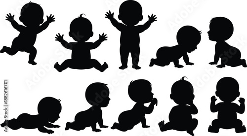 Baby silhouette set showing sitting standing crawling playing poses infants toddlers isolated on white background vector illustration childhood development