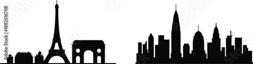 Paris skyline silhouette, New York skyline silhouette, cityscape illustration, famous landmarks, Eiffel Tower, Empire State Building, travel art, urban contrast