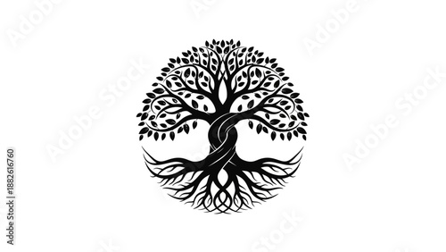 Black and white illustration of a tree with intertwined branches and roots.