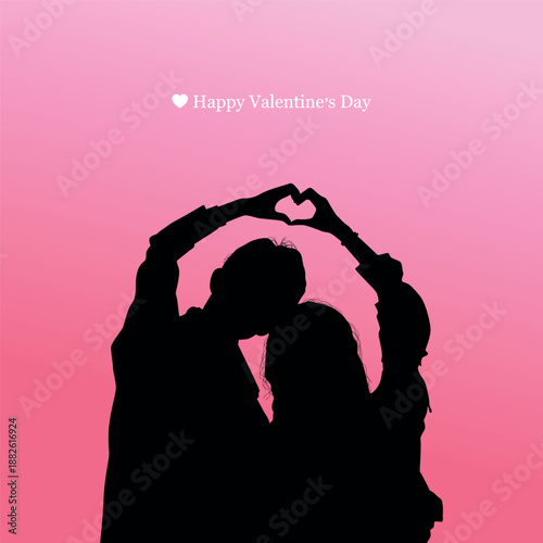 Romantic Valentine's Day card featuring a silhouette of a couple making a heart shape with their hands on a pink background.