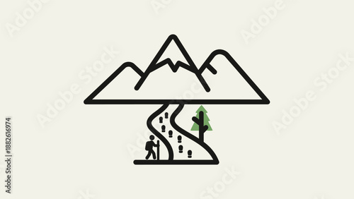 Simple line art illustration of a person hiking on a mountain trail.