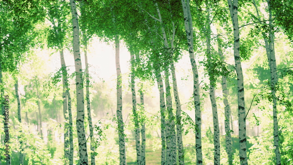Fototapeta premium In a serene forest, sunlight softly illuminates the vibrant green leaves of tall birch trees, creating a peaceful and refreshing atmosphere. Nature shows its beauty as light dances among the trunks.