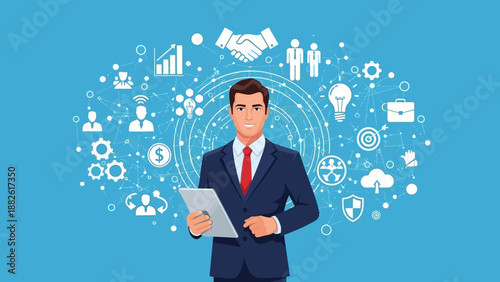 Illustration of a businessman holding a tablet with various business icons floating around him on a blue background.