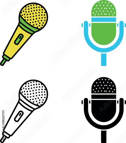Four colorful microphones with polka dot patterns in yellow and green colors blue