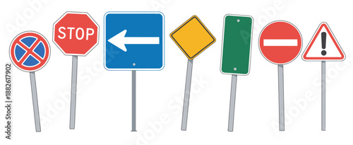 Realistic Detailed Road Signs Set, Isolated on Transparent Alpha Background, High Quality Traffic Symbols for Transportation Design, Safety Communication, and Urban Infrastructure Projects.