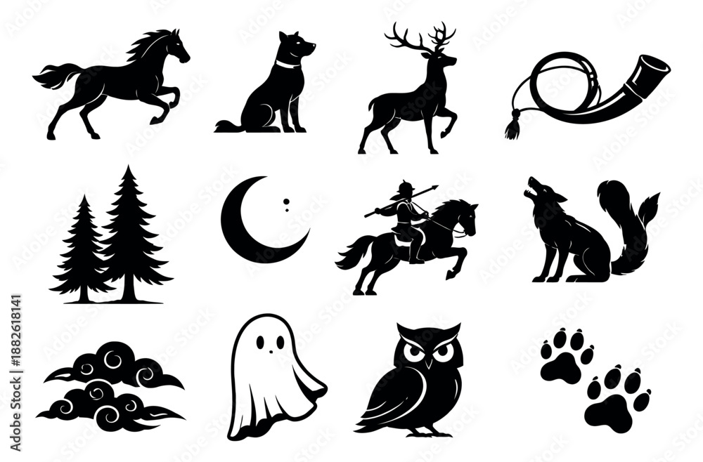 Obraz premium Bold silhouette set featuring wild animals, nature symbols, and fantasy icons for design projects