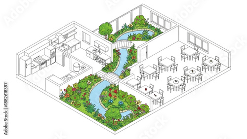 High-quality black continuous line art of an isometric restaurant floor plan showing kitchen and dining area separation, colorful garden and water path, hospitality architecture illustration