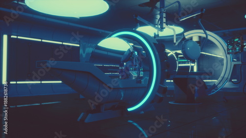 Schilderij op canvas Inside a sleek, high tech medical facility, glowing blue lights emphasize the futuristic design