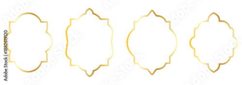 Golden islamic arches and window frames . Arabic golden frames. Luxury islamic geometric windows and doors, oriental mosque architecture.