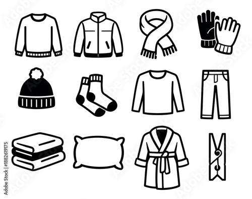 Simple line art apparel and home items set featuring various garments, accessories, and household essentials for comfort
