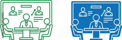 Green and blue of people in a business meeting with a presentation on a whiteboard chairs