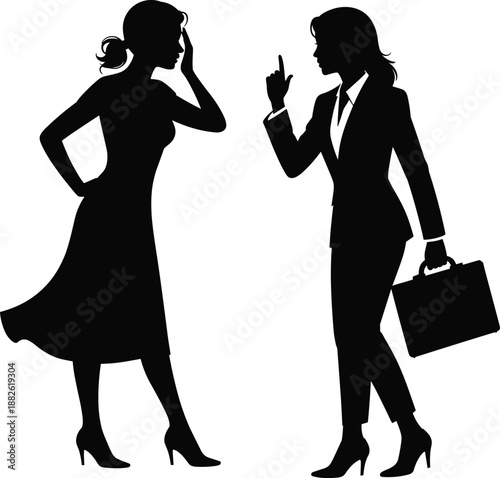 Two women arguing silhouette, businesswoman conflict discussion, disagreement concept, female communication problem, workplace confrontation illustration, black and white vector