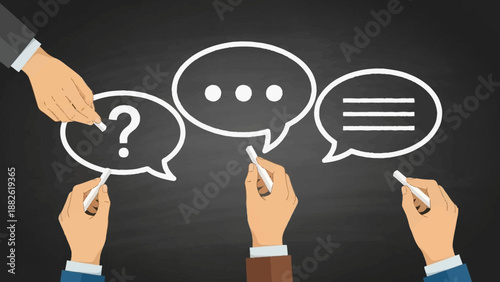 Illustration of hands drawing speech bubbles on a blackboard with white chalk