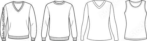 Women tops and sweaters technical flat illustration, v neck crewneck long sleeve tank top fashion vector set isolated