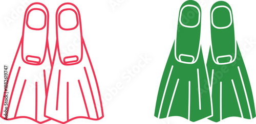 Pair of red and green flipper fins with white outlines and detailed texture lines red fins