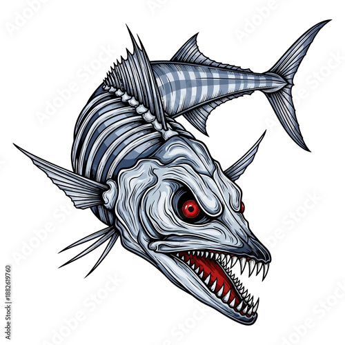wahoo fish skeleton mascot with red eyes and sharp teeth for fishing team or brand logo