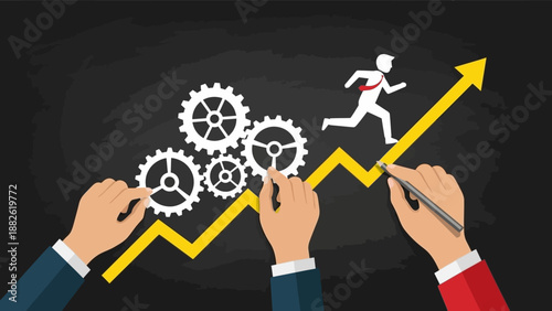 Flat lay of business hands holding gears and drawing a growing graph with a running man on a black background