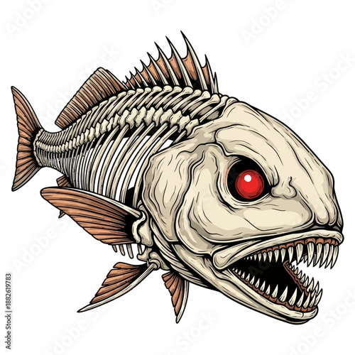 Aggressive redfish reddrum skeleton with sharp teeth and red eyes vector illustration on white background