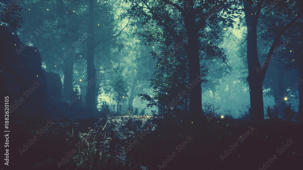 Obraz premium A serene forest scene unfolds at dusk, where warm lights from fireflies dance amidst towering trees. Shadows play gently on the ground, creating a magical atmosphere of calm and wonder.