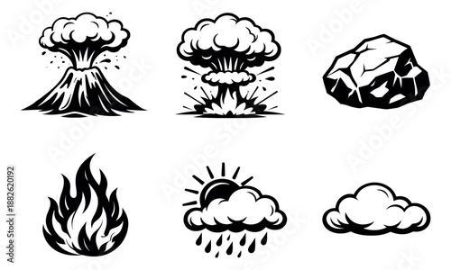 Bold line art nature elements set featuring a volcano eruption, atomic explosion, stone, flames, a sun with rain cloud, and a cloud for environmental and weather concepts