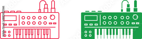 Red and green abstract synthesizer keyboard with buttons knobs and cables