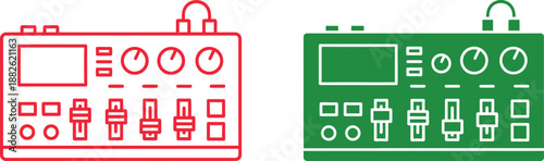 Red and green control panels with gauges and buttons in flat style