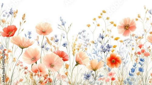 Beautiful seamless floral water color pattern Set, watercolor wild flowers, leaves and grass,Collection botanic garden elements, isolated illustration in rustic or vintage style,copy space.