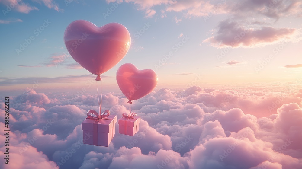 Fototapeta premium A Box flying on a parachute with pink cloud in valentine day,package flying down from sky and cloud with parachute, concept for delivery service,shopping online,air delivery service.