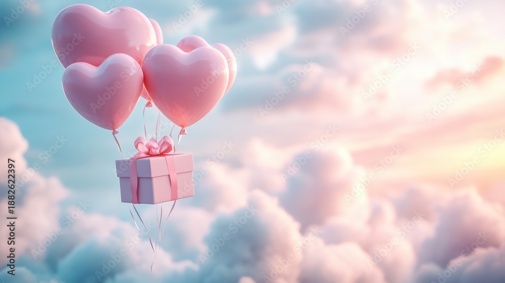 Fototapeta premium A Box flying on a parachute with pink cloud in valentine day,package flying down from sky and cloud with parachute, concept for delivery service,shopping online,air delivery service.