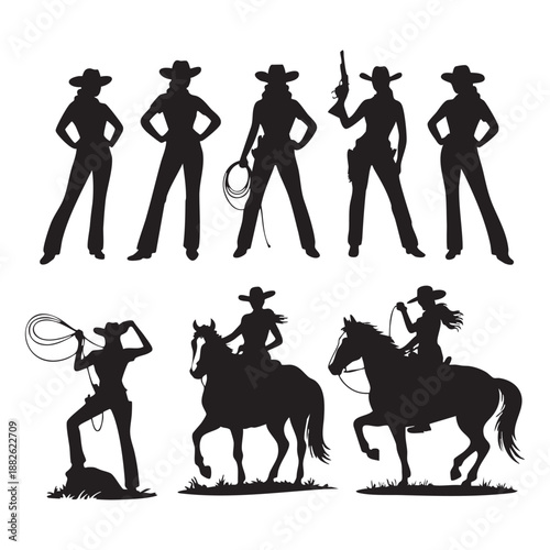 Black silhouettes of cowgirls with lasso gun and horses on white background cowgirl silhouette