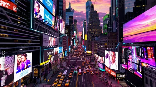 Aerial video of a bustling cityscape at sunset, showcasing vibrant billboards and traffic. The high-angle view captures urban energy and colorful skies.