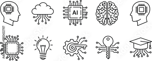 Set of artificial intelligence icons, machine learning symbols, digital brain technology outlines, cloud computing elements, cad drawing flat vector illustration