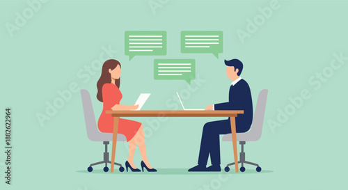 Business job interview scene with speech bubbles, hr manager and candidate talking at desk, cad drawing flat vector illustration