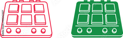 Red and green keyboard with white keys and buttons outlined in a style 1