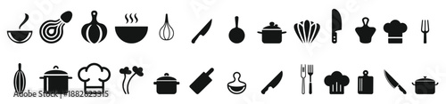 Set of black chef and cooking icons showing a cook, uniform, kitchen utensils, and food service elements for the restaurant industry, presented in a simple glyph style  vector illustration.