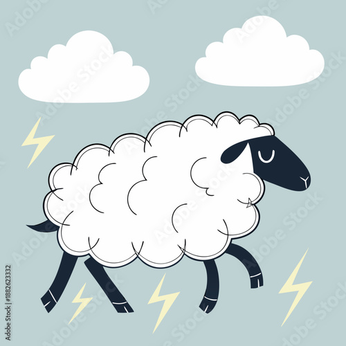 Fluffy White Sheep in Stormy Weather with Lightning and Clouds