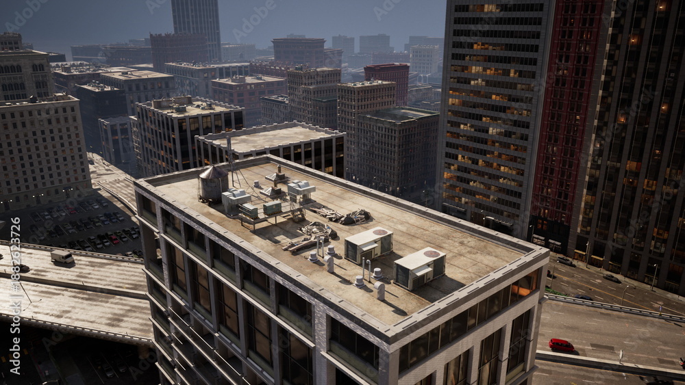Fototapeta premium High above the city, rooftops are lined with air conditioning units and other mechanical equipment. The buildings display various architectural styles, creating a vibrant urban landscape.
