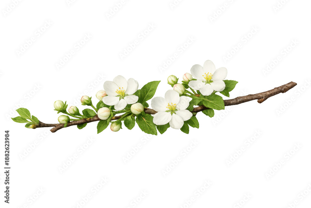 Fototapeta premium Blossoming apple branch with white flowers and green buds signaling spring on a transparent background