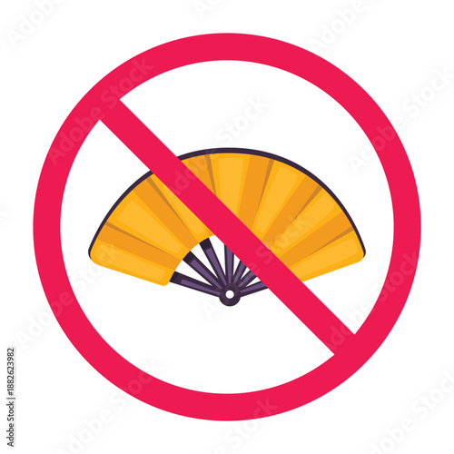 No hand fan sign, forbidden sign with hand fan icon, no manual cooling fan sign, do not use traditional hand fan, vector illustration
